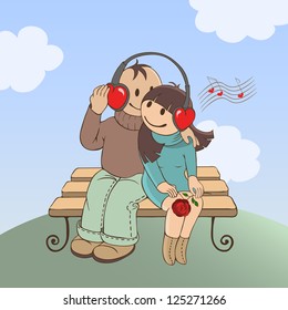 Loving couple sitting on a bench and listen to music
