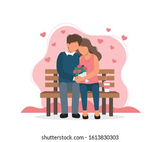 Loving couple sitting on the bench. Celebrating love and St.Valentine's day. Cute vector illustration in flat style.