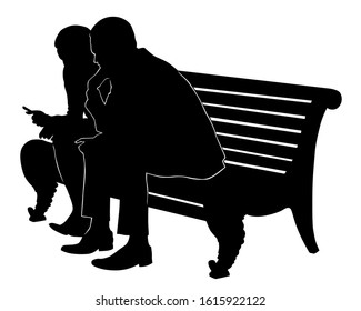 Loving couple is sitting on a bench with a smartphone. Isolated figures of people on a white background