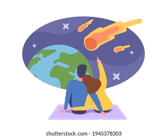 Loving Couple Sitting on Blanket Hugging and Make Wish Look on Natural Phenomenon in Sky with Falling Asteroids, Characters Watching Meteorite Fall, Romantic Dating. Cartoon People Vector Illustration