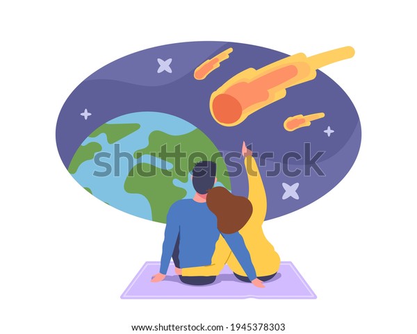 Loving Couple Sitting on Blanket Hugging and\
Make Wish Look on Natural Phenomenon in Sky with Falling Asteroids,\
Characters Watching Meteorite Fall, Romantic Dating. Cartoon People\
Vector Illustration