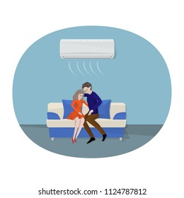 A loving couple is sitting on the couch under the air conditioning.