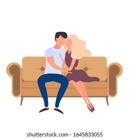 Loving couple sitting on the couch. Lovers hug each other isolated on a white background. Element for the design of cards, banners and posters on the theme of love and Valentine's Day. Vector.