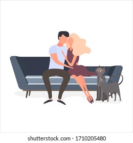 Loving couple sitting on the couch. Lovers hug each other isolated on a white background. Element for the design of cards, banners and posters on the theme of love and Valentine's Day. Vector.