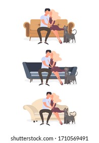 Loving couple sitting on the couch. Lovers hug each other isolated on a white background. Element for the design of cards, banners and posters on the theme of love and Valentine's Day. Vector.