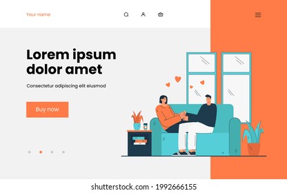 Loving couple sitting on couch together. Flat vector illustration. Man and woman hugging in living room on sofa. Family, love, home, romance, relax, date concept for banner design or landing page