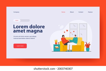 Loving couple sitting on couch together. Flat vector illustration. Man and woman hugging in living room on sofa. Family, love, home, romance, relax, date concept for banner design or landing page