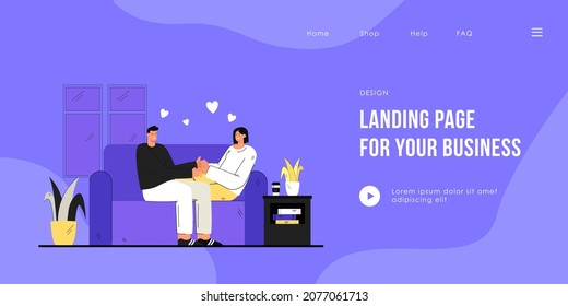 Loving couple sitting on couch together. Flat vector illustration. Man and woman hugging in living room on sofa. Family, love, home, romance, relax, date concept for banner design or landing page