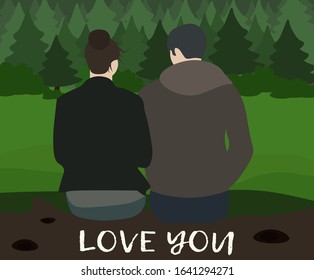 A loving couple is sitting on a log in a beautiful spring forest. Flat Valentine's day greeting card in vector