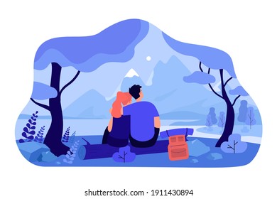 Loving couple sitting on nature together isolated flat vector illustration. Cartoon romantic man and woman dating in forest and looking at mountain cliff and sky. Love and landscape concept