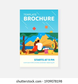 Loving couple sitting on nature together isolated flat vector illustration. Cartoon romantic man and woman dating in forest and looking at mountain cliff and sky. Love and landscape concept