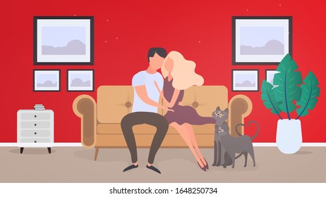 Loving couple sitting on the sofa in the room. Lovers hug each other. Suitable for the design of cards, banners and posters on the theme of love and Valentine's Day. Vector.