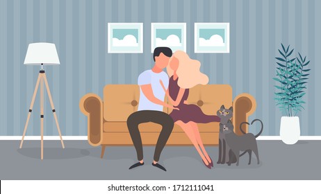 Una pareja encantadora sentada en el sofá de la habitación. Los amantes se abrazan. Adecuado para el diseño de tarjetas, pancartas y afiches sobre el tema del amor y el Día de San Valentín. Vector.