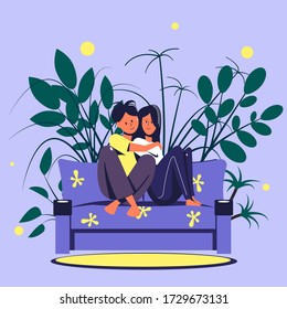 A loving couple is sitting on a sofa in a home setting against a background of home plants. Flat vector illustration.