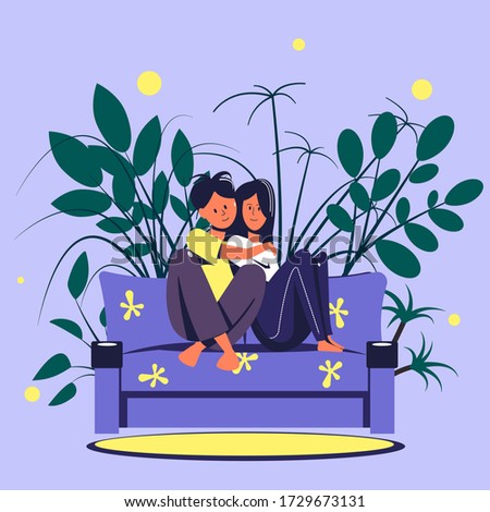 A loving couple is sitting on a sofa in a home setting against a background of home plants. Flat vector illustration.
