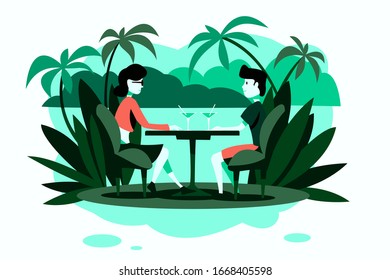 Loving couple sitting opposite each other at a table against a tropical landscape. Rest at the resort.Vector illustration.