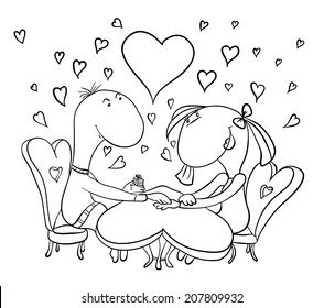 pareja amorosa sentada en una mesa, contorno ilustración vectorial