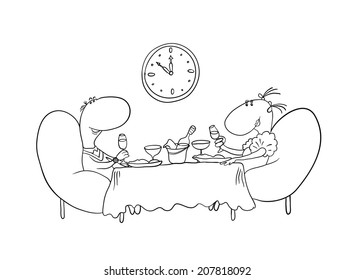 loving couple sitting at a table, contour vector illustration