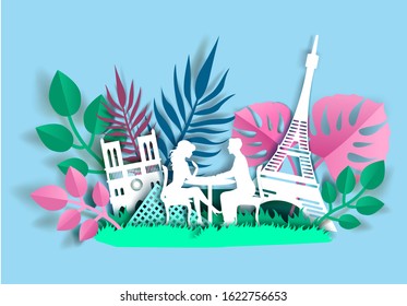 Loving couple sitting at table, floral background with Eiffel Tower and Notre-Dame Cathedral silhouettes, vector illustration in paper art craft style. Romantic travel poster, banner template.
