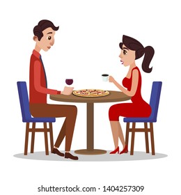 Loving Couple Sitting at Table in Pizza Restaurant Drinking Wine Isolated on White Background. Male and Female Characters Looking on Each Other, Love Movie, Cartoon Flat Vector Illustration, Clip Art