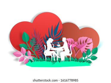 Loving couple sitting at table and talking to each other, floral background with two huge hearts, vector illustration in paper art craft style. Romantic dinner composition for poster, banner etc.