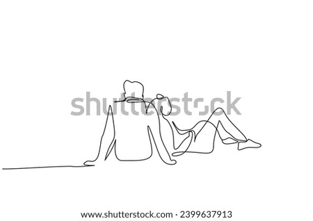 loving couple sitting together outside in the park in nature back behind rear view one line art design