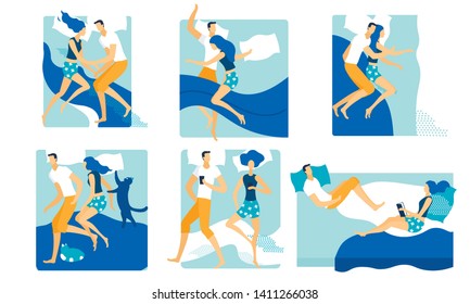 Loving Couple Sleeping and Lounging in one Bed Set. Male and Female Characters Lying Together with Pets Cat and Dog. Weekend Leisure, Spare Time at Home. Lazy People Cartoon Flat Vector Illustration