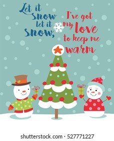 Loving couple of snowmen with gifts beside christmas tree.Greeting card
