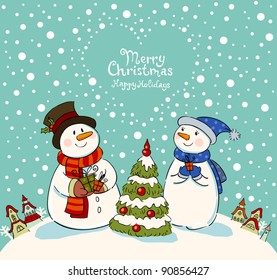 Loving couple of snowmen with gifts beside christmas tree.Greeting card