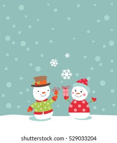 Amoroso casal de bonecos de neve com presentes - ilustração vetor para faixas, fundos, decorações.