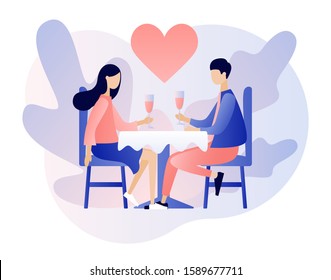 Loving couple spending time or relaxing together. Romantic dinner in restaurant. Romantic date concept. Characters Valentine day. Modern flat cartoon style. Vector illustration on white background