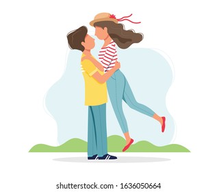 Loving couple in spring. Man raises woman. Cute vector illustration in flat style
