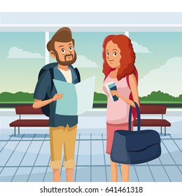 loving couple standing at airport. traveling scene hall design