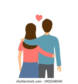 Loving couple standing and hug back side in flat design. Dating lovers. Design for Valentine’s Day concept.