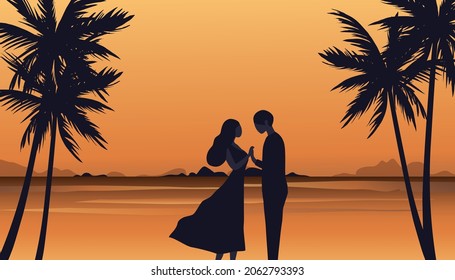 Loving couple standing on sunset beach vector illustration. Happy valentine' s day, honeymoon and love concept