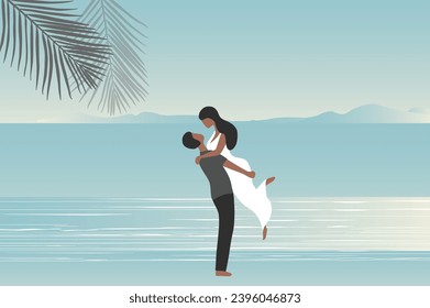 Pareja encantadora de pie sobre la puesta de sol ilustra el vector de la playa. Feliz Día de San Valentín, luna de miel y concepto de amor