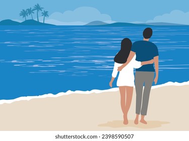 Loving couple standing on sunset beach vector illustration. Happy valentine' s day, honeymoon and love concept