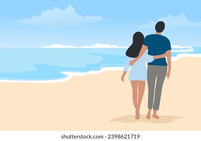 Pareja encantadora de pie sobre la puesta de sol ilustra el vector de la playa. Feliz Día de San Valentín, luna de miel y concepto de amor