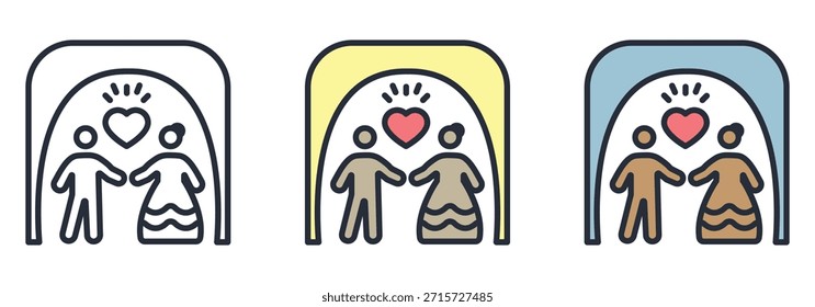 Una pareja amorosa de pie bajo un arco con un corazón brillante, que simboliza la boda y el matrimonio feliz