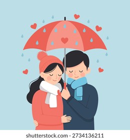 A loving couple stands under a red umbrella with heart-shaped raindrops, symbolizing love and togetherness in a sweet, cartoon-style illustration.