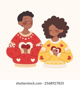 Loving couple in steamy knitted sweaters and hearts in hands. Black guy and girl for valentine's day. Printable vector illustration