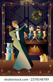 A loving couple in suits dances in front of a fireplace. New Year and Christmas decorations, gifts, atmosphere. Concept for holiday, winter holidays, New Year, Christmas