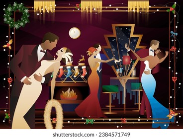 A loving couple in suits dances in front of a fireplace. New Year and Christmas decorations, gifts, atmosphere. Concept for holiday, winter holidays, New Year, Christmas