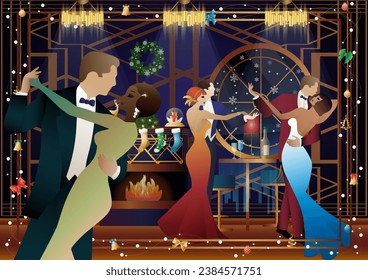 A loving couple in suits dances in front of a fireplace. New Year and Christmas decorations, gifts, atmosphere. Concept for holiday, winter holidays, New Year, Christmas