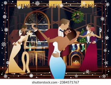 A loving couple in suits dances in front of a fireplace. New Year and Christmas decorations, gifts, atmosphere. Concept for holiday, winter holidays, New Year, Christmas