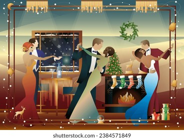 A loving couple in suits dances in front of a fireplace. New Year and Christmas decorations, gifts, atmosphere. Concept for holiday, winter holidays, New Year, Christmas