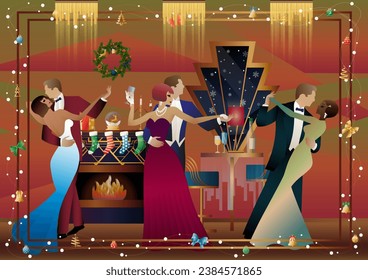 A loving couple in suits dances in front of a fireplace. New Year and Christmas decorations, gifts, atmosphere. Concept for holiday, winter holidays, New Year, Christmas