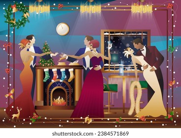 A loving couple in suits dances in front of a fireplace. New Year and Christmas decorations, gifts, atmosphere. Concept for holiday, winter holidays, New Year, Christmas