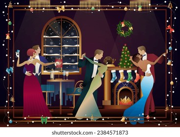 A loving couple in suits dances in front of a fireplace. New Year and Christmas decorations, gifts, atmosphere. Concept for holiday, winter holidays, New Year, Christmas