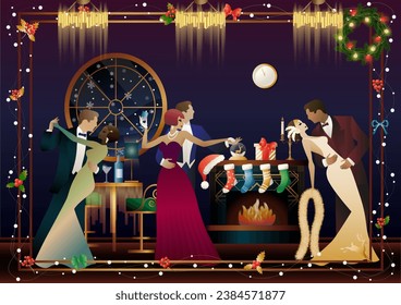 A loving couple in suits dances in front of a fireplace. New Year and Christmas decorations, gifts, atmosphere. Concept for holiday, winter holidays, New Year, Christmas